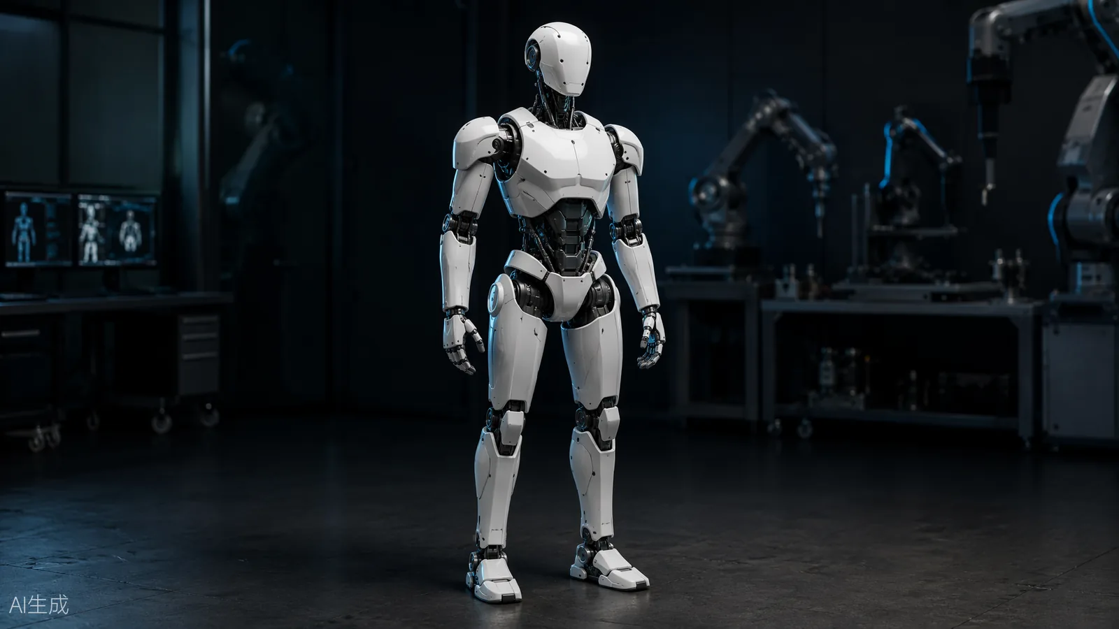 Full-size generic humanoid robot standing in a studio setting, shown as a technical profile illustration (AI illustration)