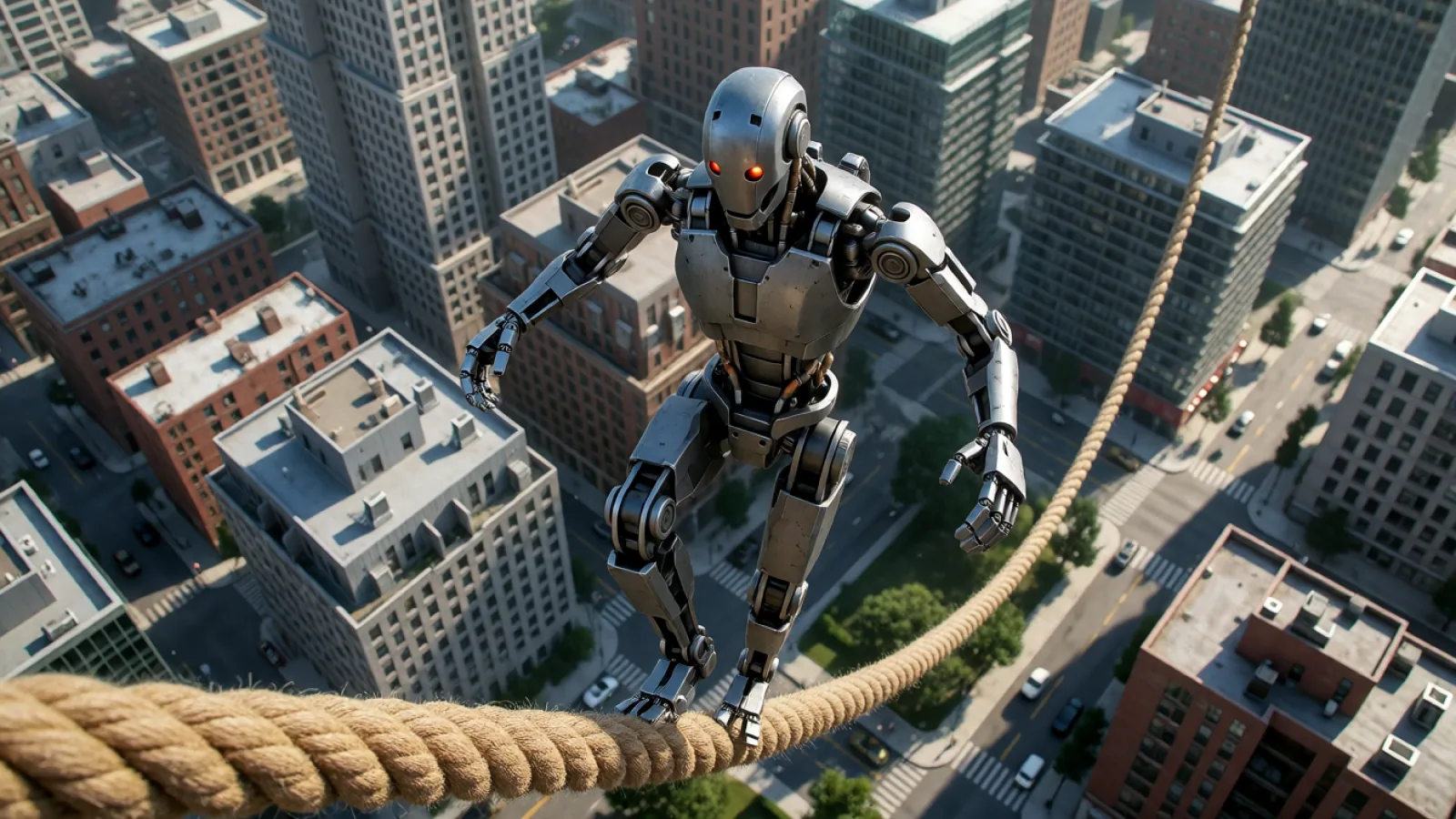 AI illustration of a humanoid robot balancing on a rope above a city