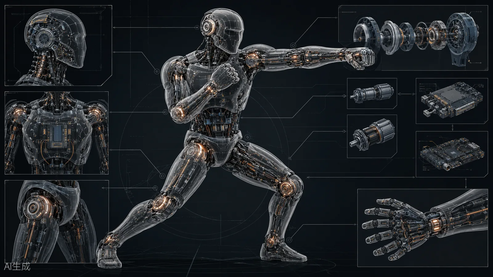 Technical cutaway view of a humanoid robot revealing actuators, joints and sensor modules, blueprint aesthetic (AI illustration)