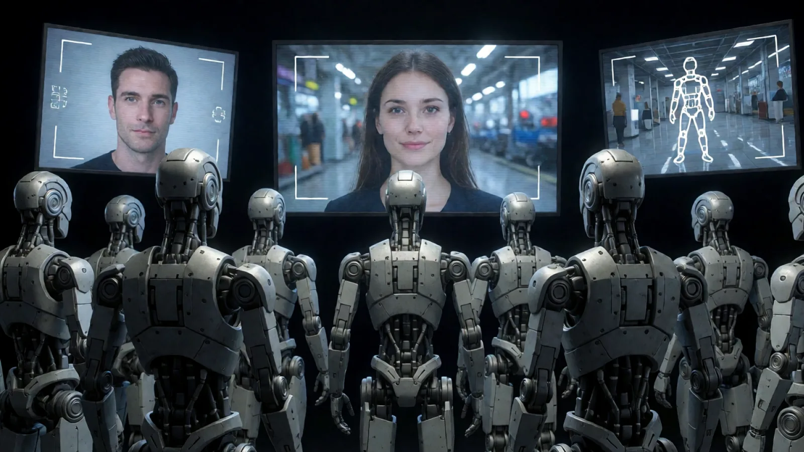 AI illustration of humanoid robots beneath screens showing human faces and motion tracking
