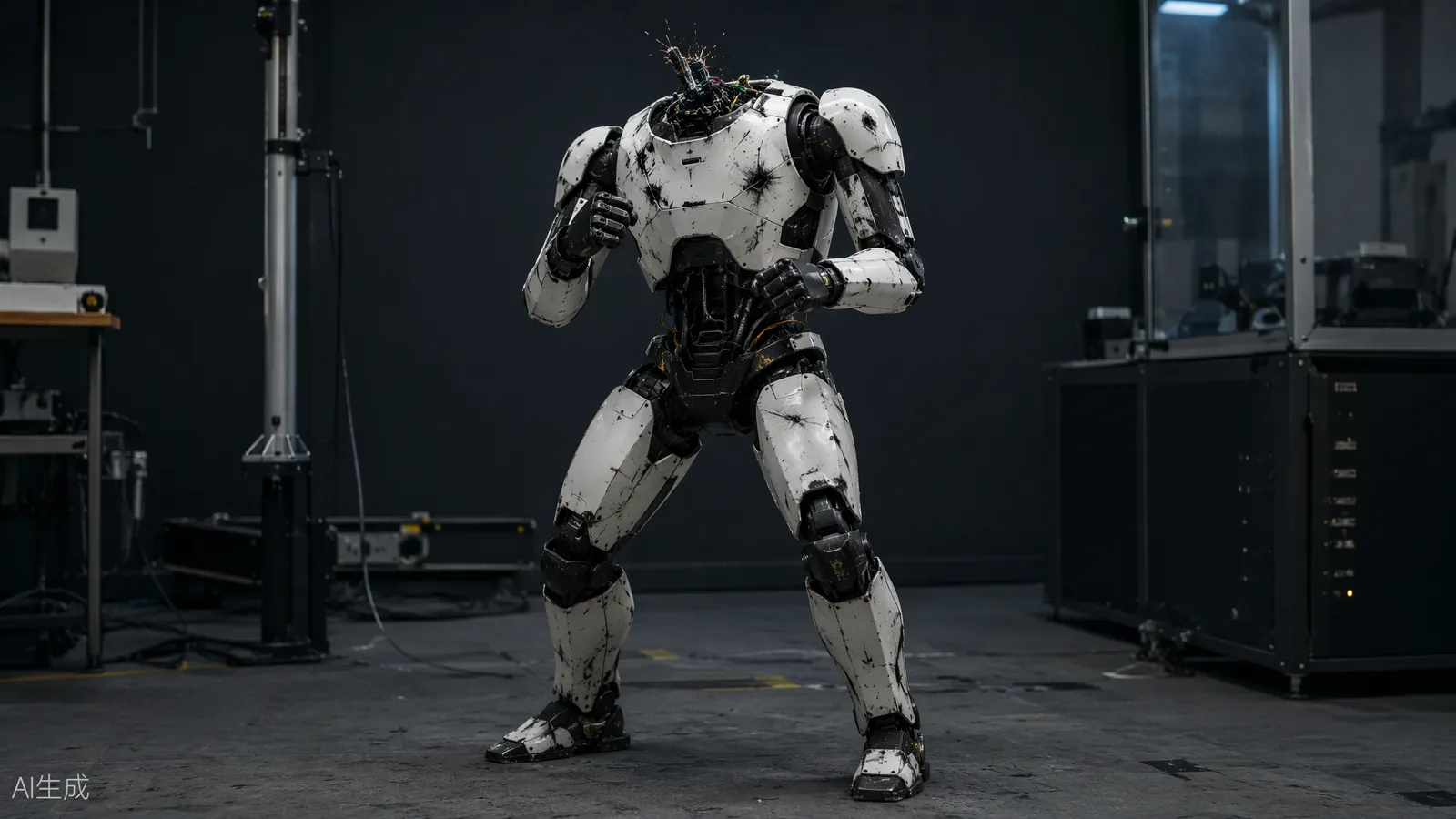 Headless humanoid robot standing in a fight stance with exposed cabling at the neck, engineering test-lab lighting (AI illustration)