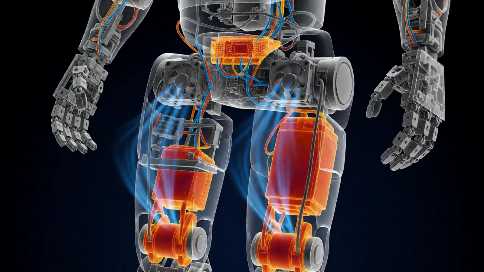 Humanoid robot thermal diagram showing heat in leg actuators battery and onboard computer