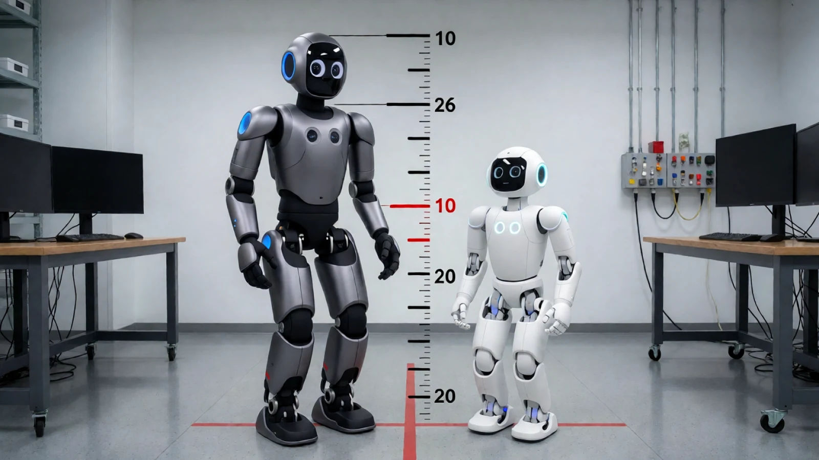 EngineAI T800 and Unitree G1 humanoid robots shown in a technical size comparison