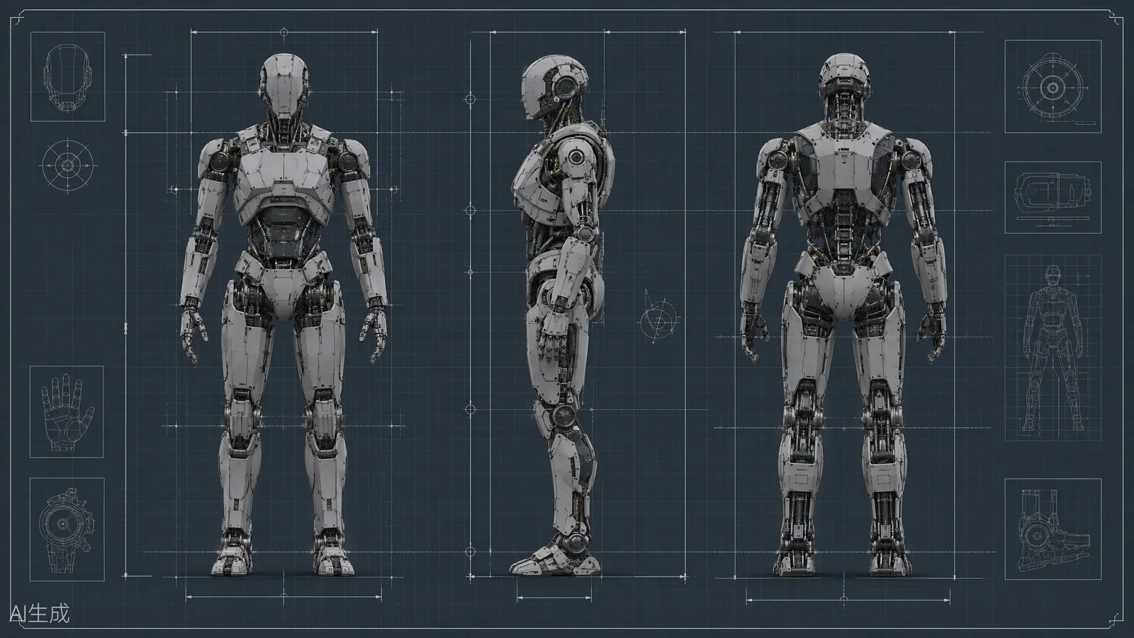 Humanoid robot standing inside a technical measurement frame with schematic grid lines and caliper marks (AI illustration)