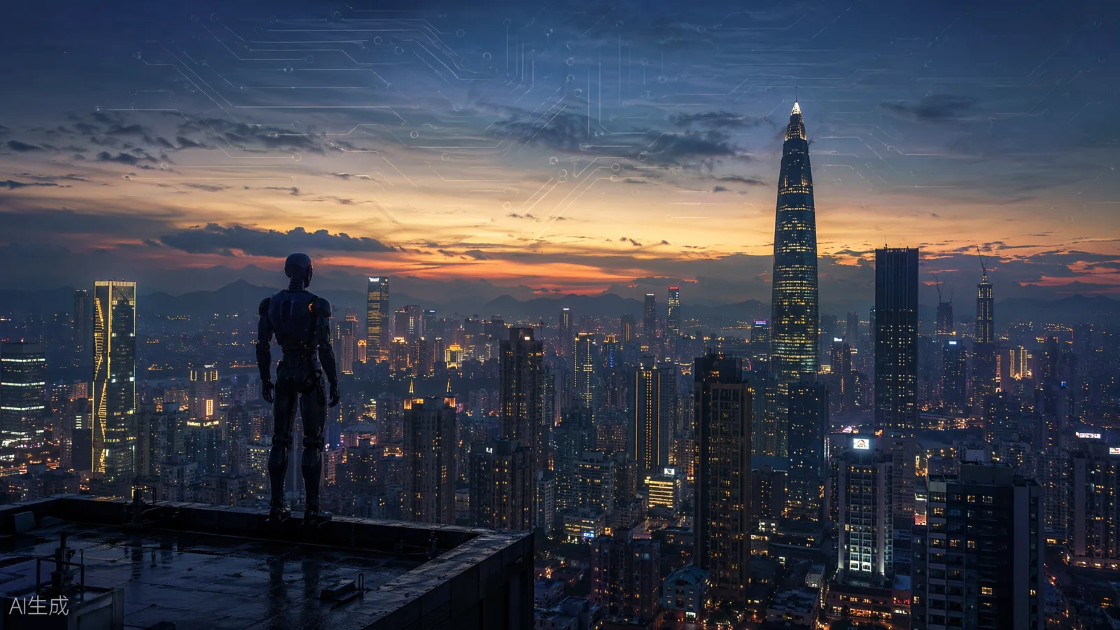 Shenzhen skyline at dusk with a humanoid robot silhouette and subtle circuit-board patterns in the sky (AI illustration)